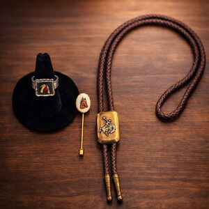 Vintage Western Jewelry Bundle – Cowboy Bolo Tie, Horse Ring and Stick Pin